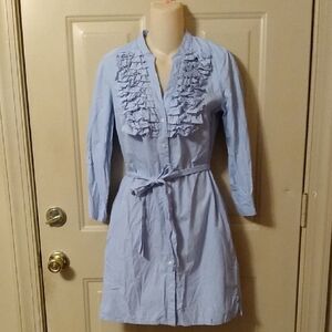 Ruffled Blue White Striped Cotton Shirt Dress